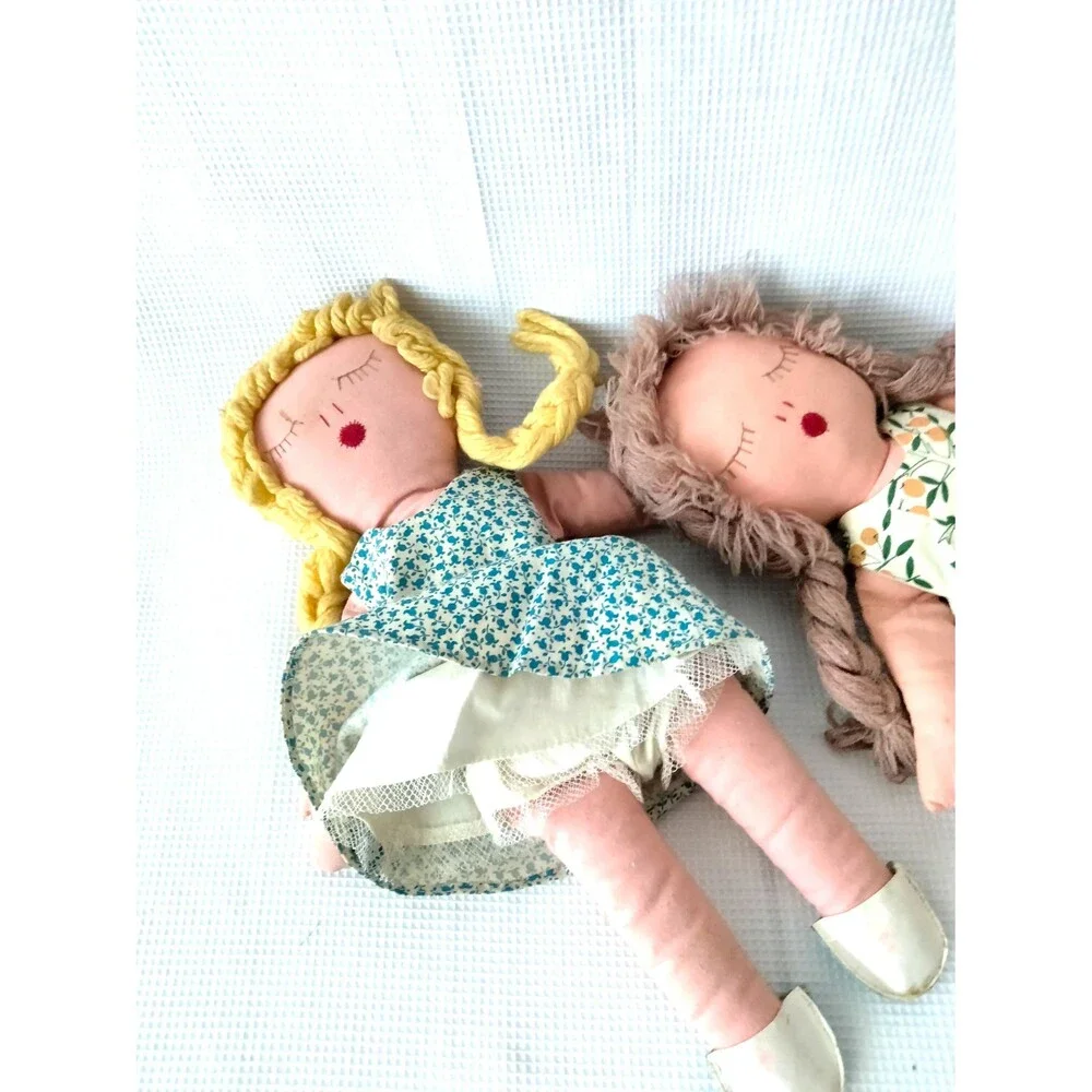 Charming Vintage 1960s Pair of Folk Art Reversible Happy/Sleepy Face Cloth Dolls